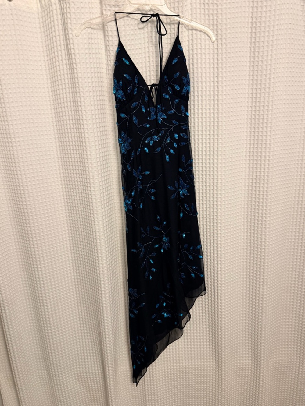 Cache Elegant Black Halter Slip Dress with Teal Floral Accents